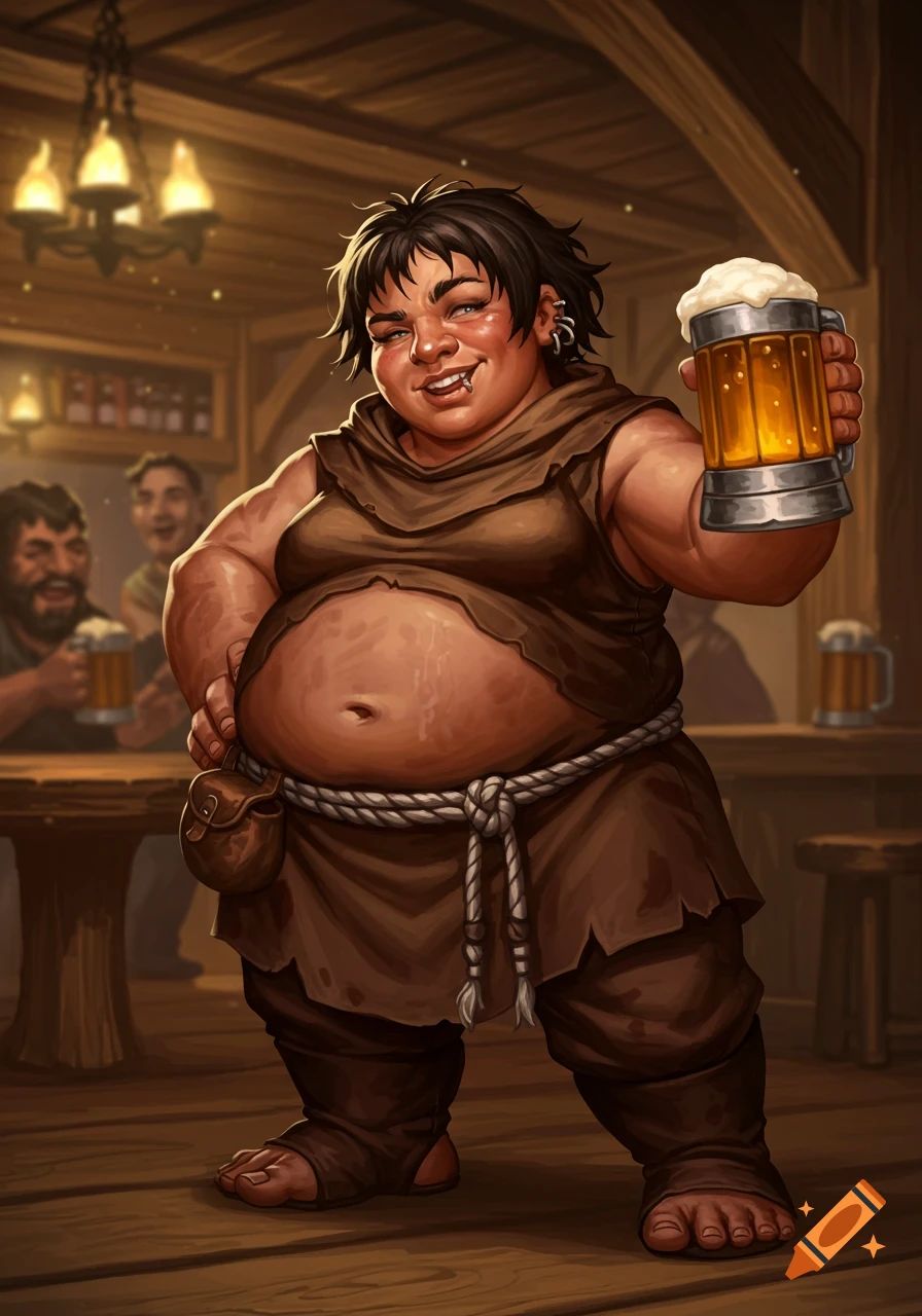 A stout female dwarf monk winks while holding a frothy mug of beer in a rustic tavern.