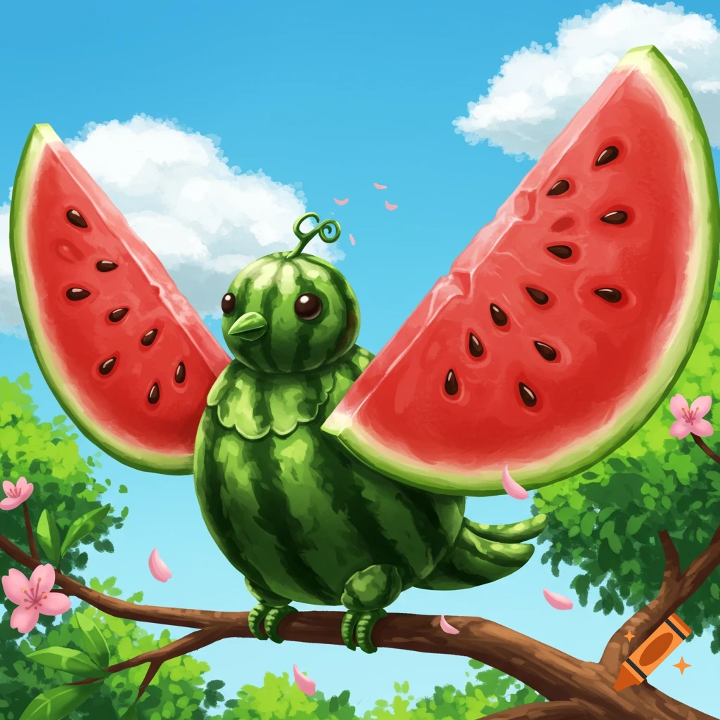 A whimsical bird with a watermelon body and watermelon slice wings perches on a tree branch under a blue sky.
