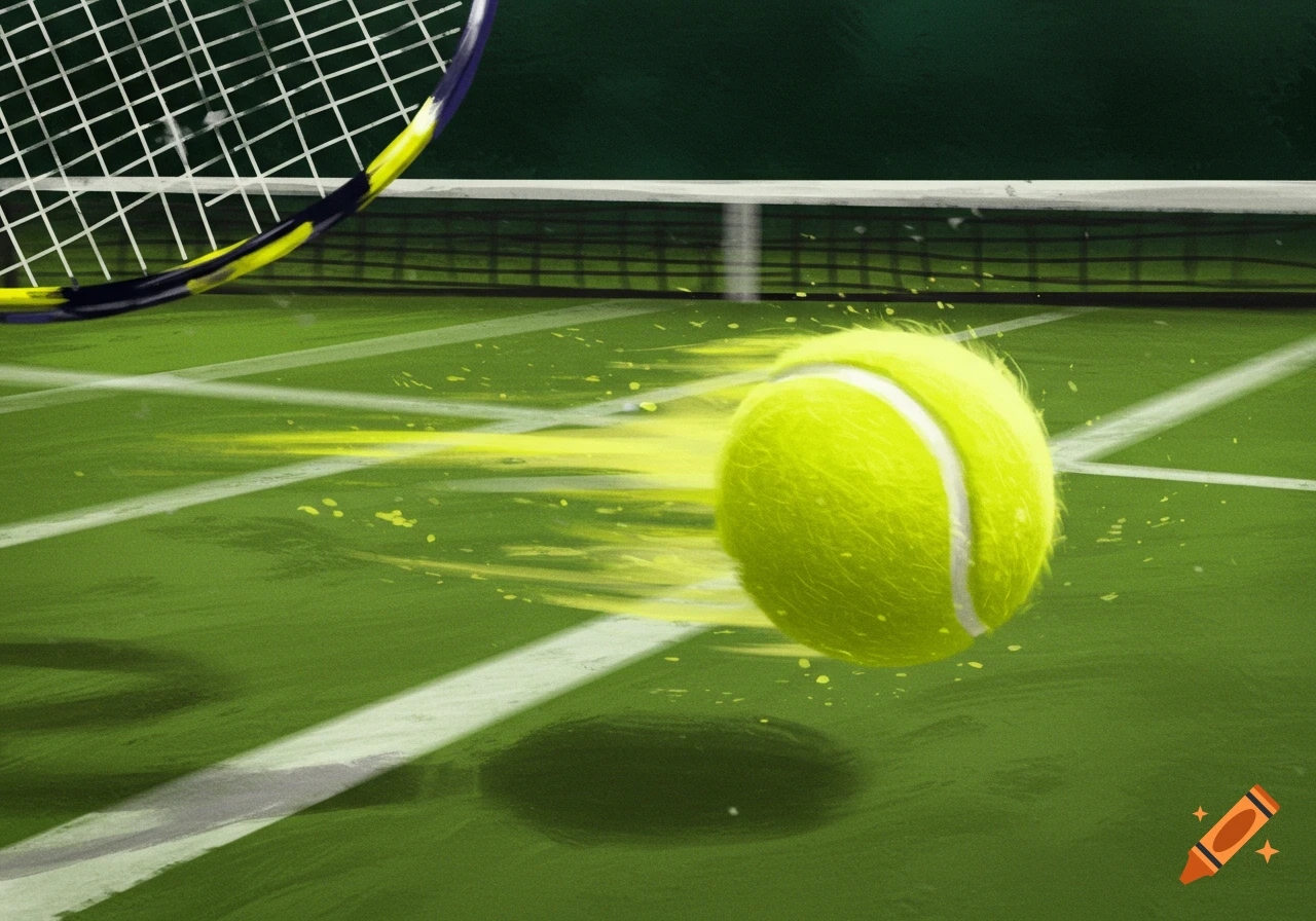 A bright yellow tennis ball in motion over a green court, with a tennis racket in the upper left, in a dynamic, illustrative style.