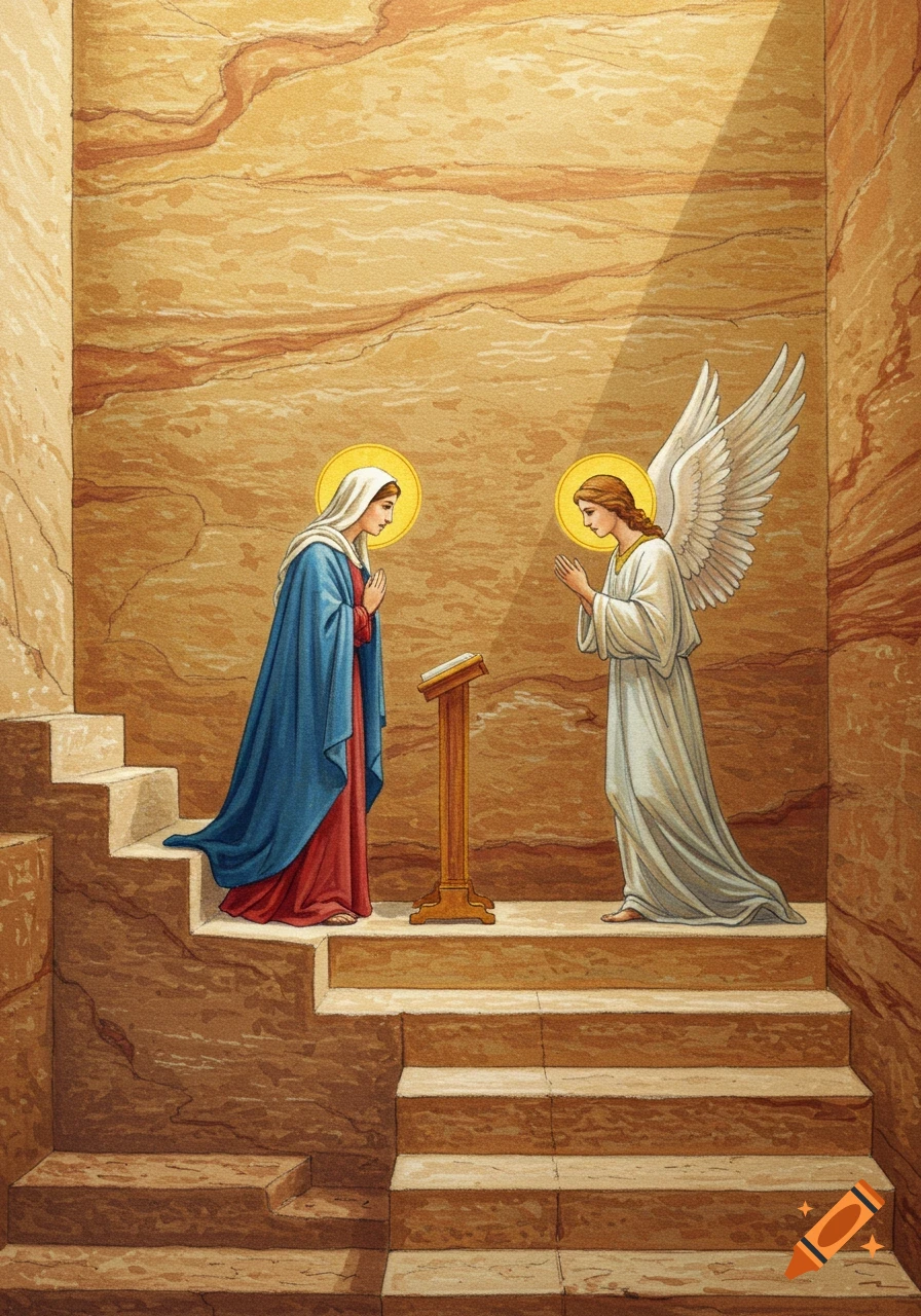 Artwork depicting the Annunciation, with Mary in a blue cloak and a halo, facing an angel with wings and a halo on sandstone stairs.