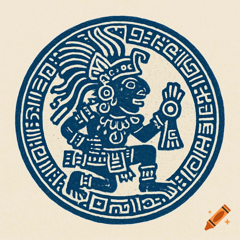 A blue circular insignia featuring a stylized Aztec-style figure with a feathered headdress and ornate patterns.