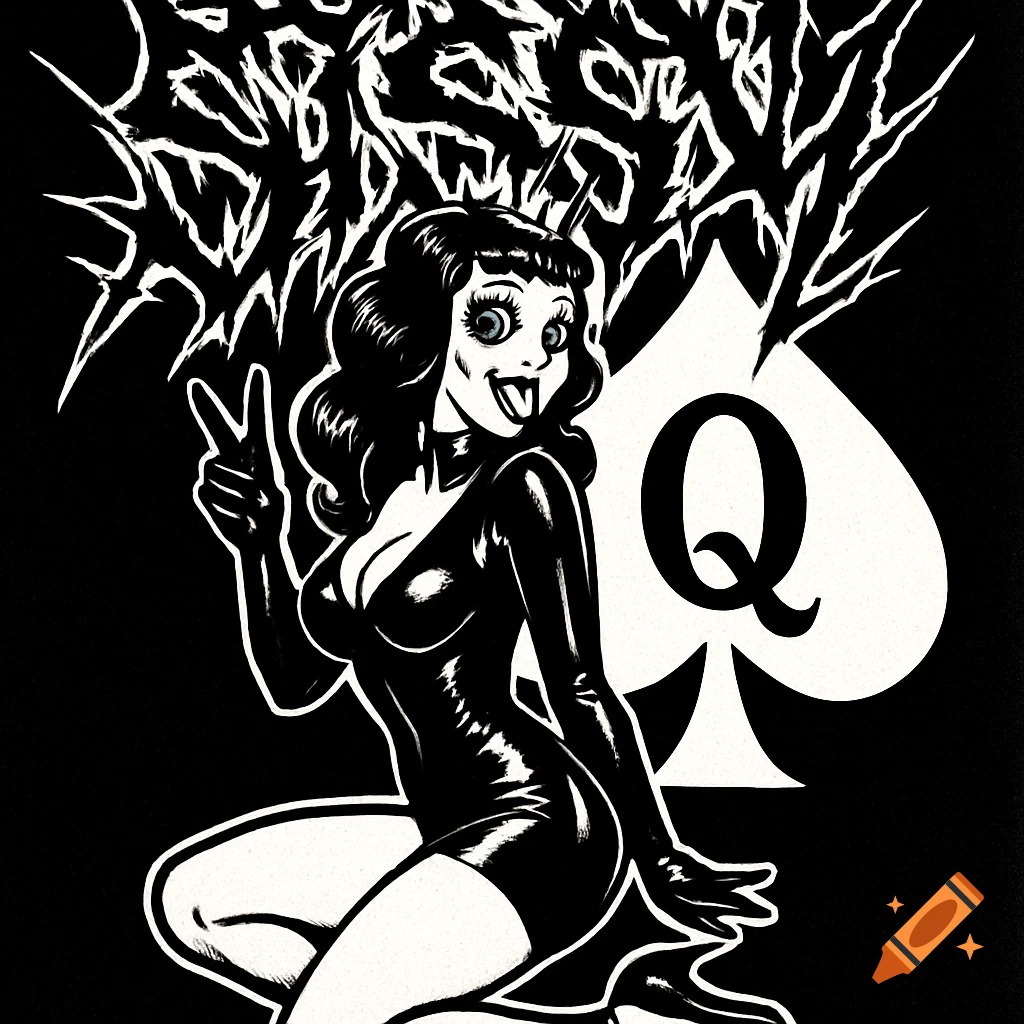 A black and white pin-up illustration of a woman in a latex suit making a peace sign next to a Queen of Spades symbol.