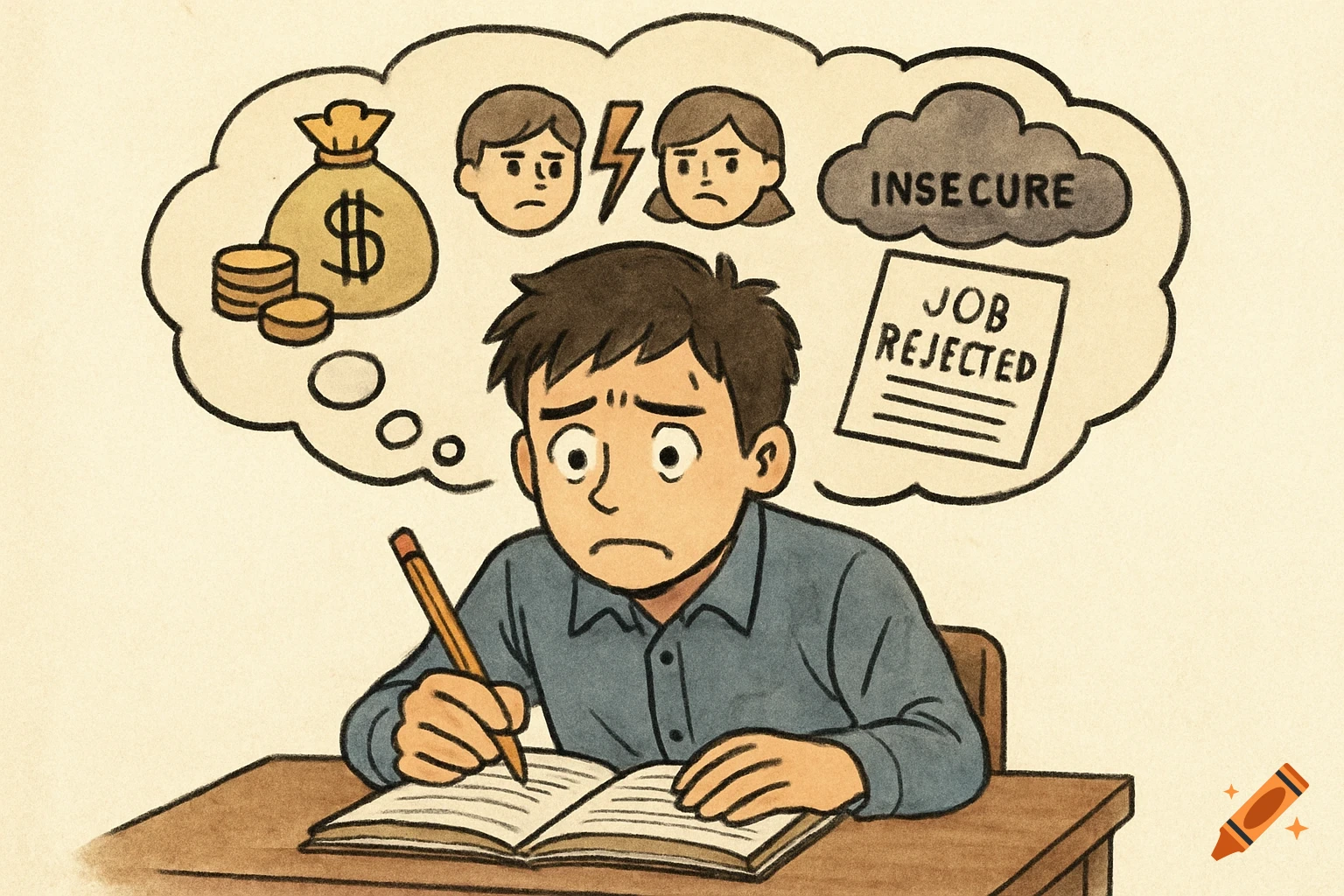 A hand-drawn illustration of an anxious male student at a desk, studying, with a thought bubble above him showing financial, relationship, and job rejection worries.