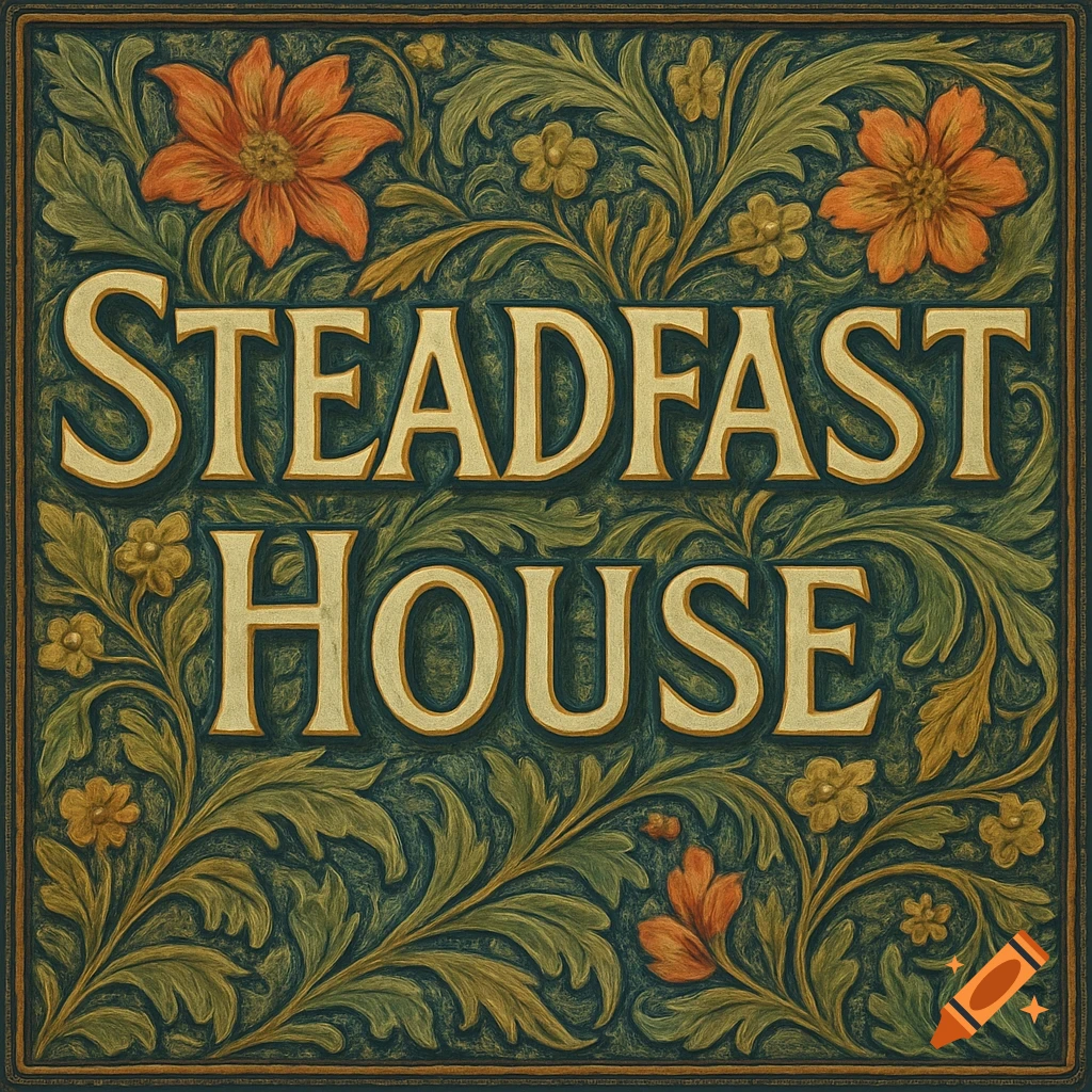 A decorative sign in the William Morris style, featuring the raised gold text 'STEADFAST HOUSE' surrounded by green and orange floral patterns.