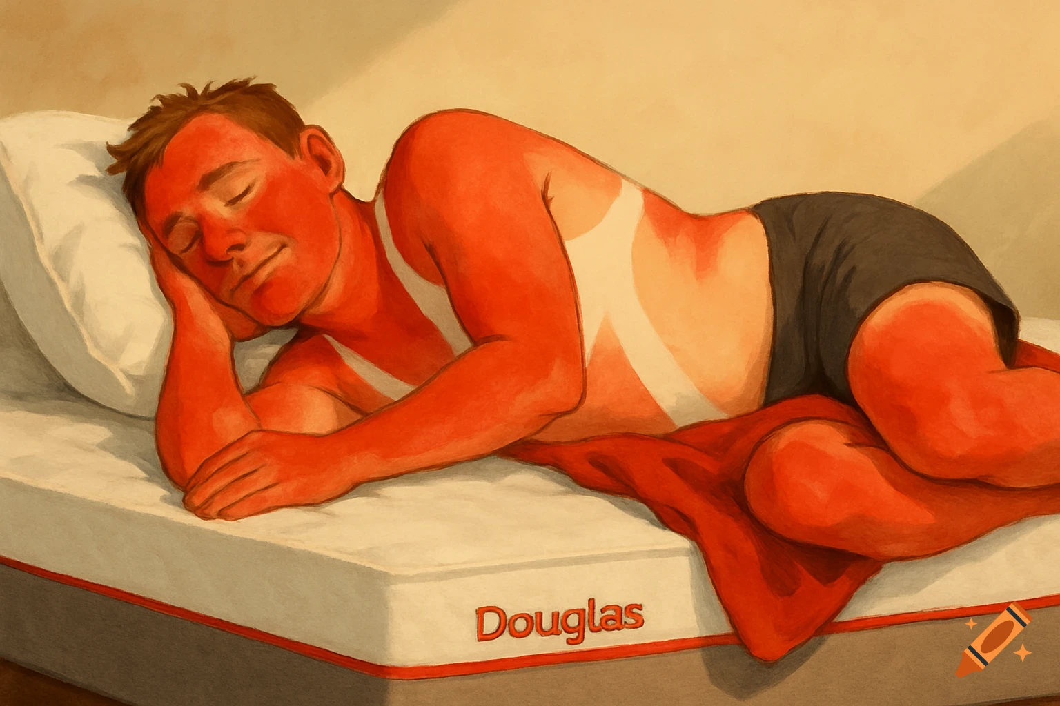 An illustration of a very sunburnt man with white tan lines sleeping peacefully on a Douglas mattress.