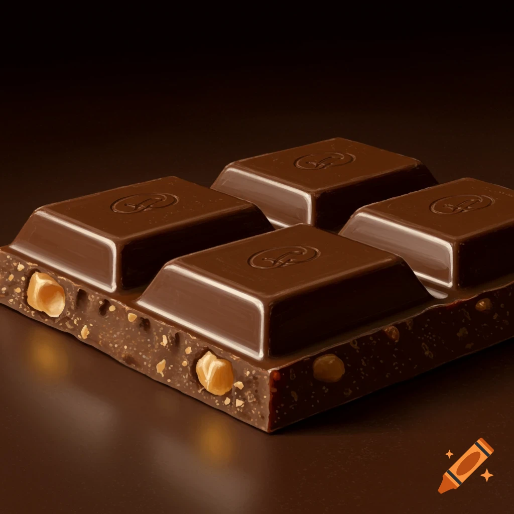 Photorealistic close-up of a chocolate bar with hazelnuts on a dark background.