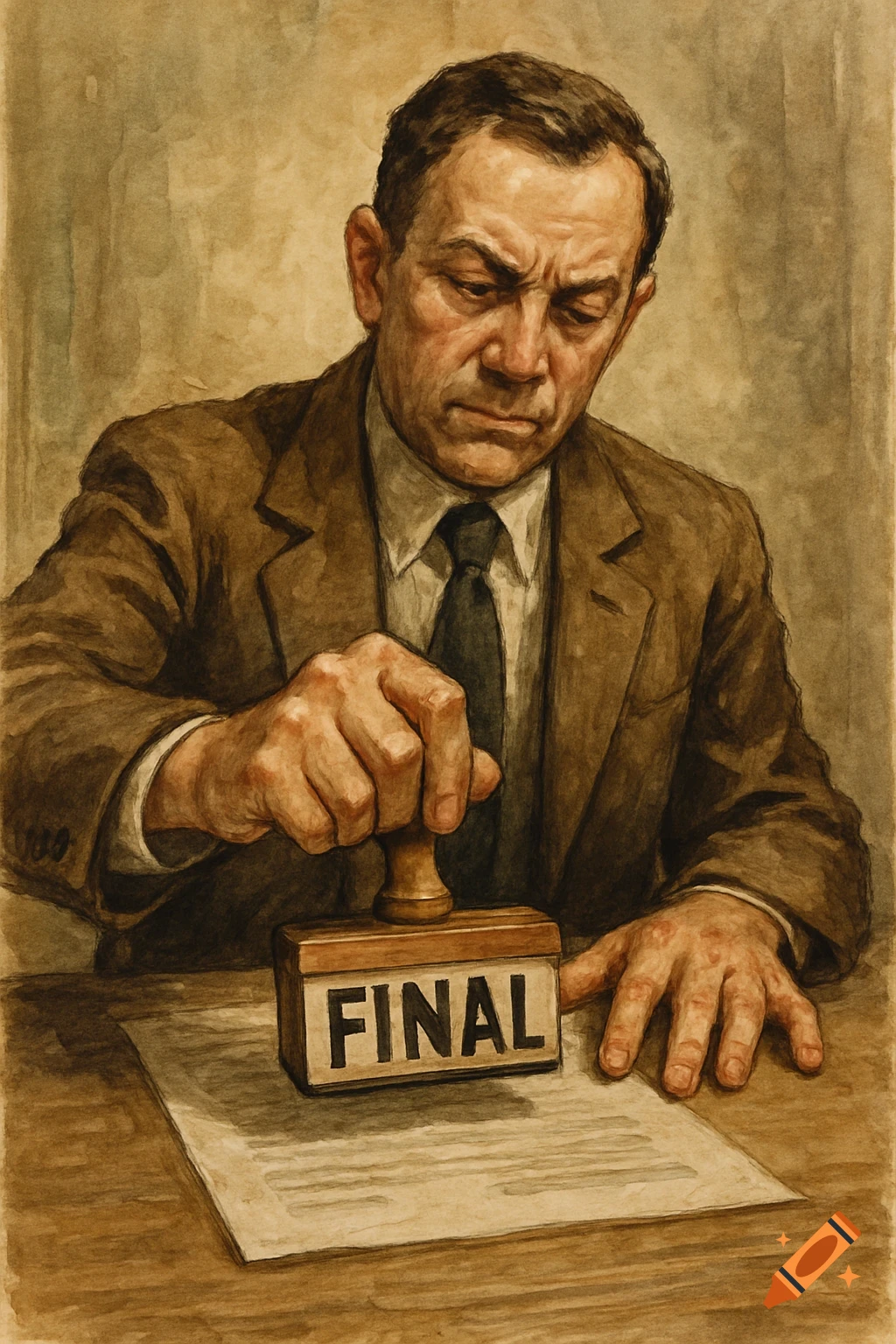 An illustration of a man in a suit stamping a document with a wooden stamp that reads 'FINAL'.