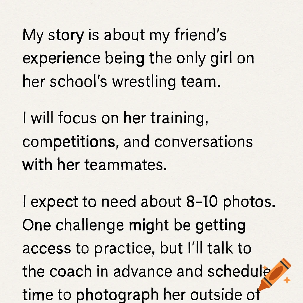 A document with black text detailing a story concept about a girl on a school wrestling team.