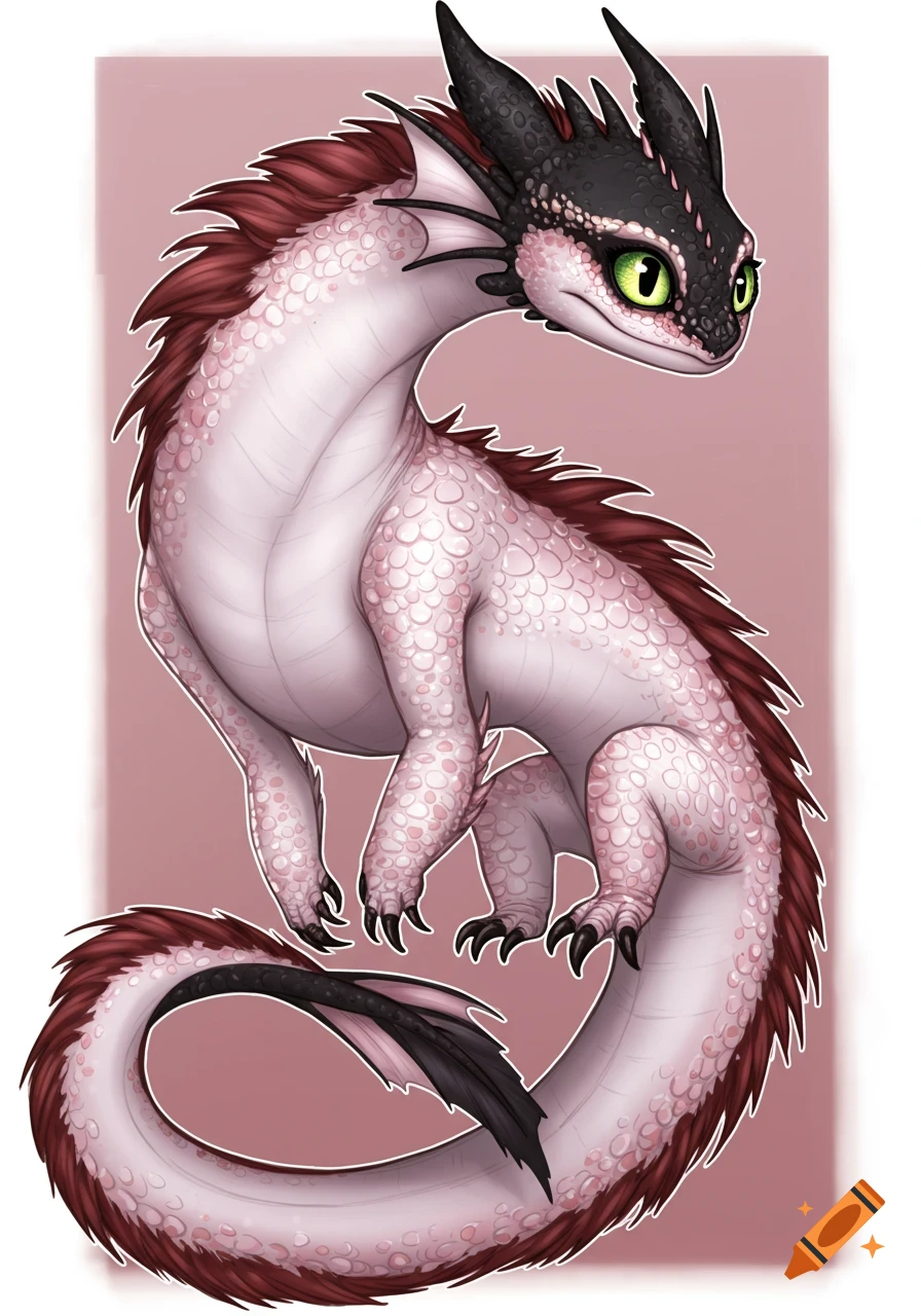 A white dragon with reddish-brown spines, black head, and green eyes sits on a pink background, resembling a Night Fury.