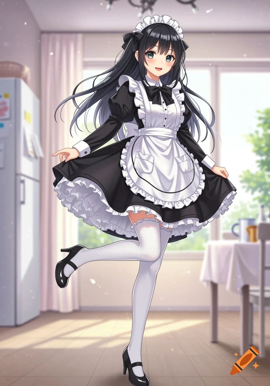 An anime girl in a black and white French maid costume poses in a bright room.
