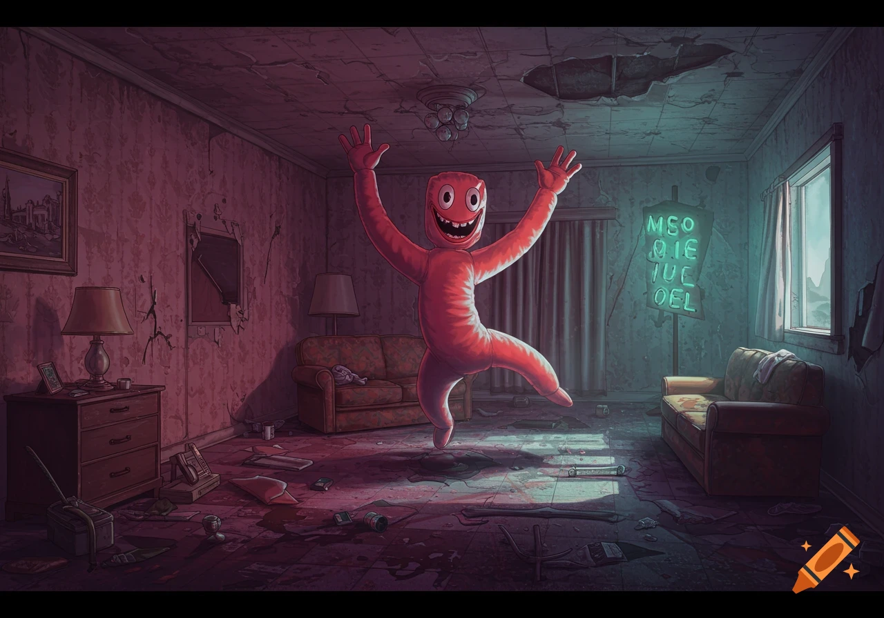 A grinning, red, possessed tube man jumps in a dark, decaying abandoned room with a garbled neon sign.