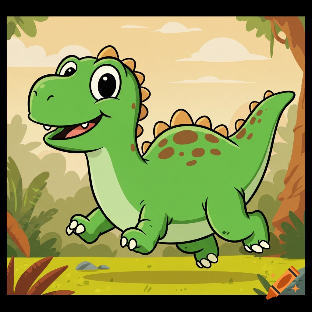 A cute green cartoon dinosaur with brown spots running through a jungle setting.