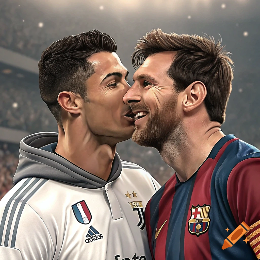 Digital illustration of Cristiano Ronaldo and Lionel Messi nearly kissing, wearing their team jerseys in a stadium.