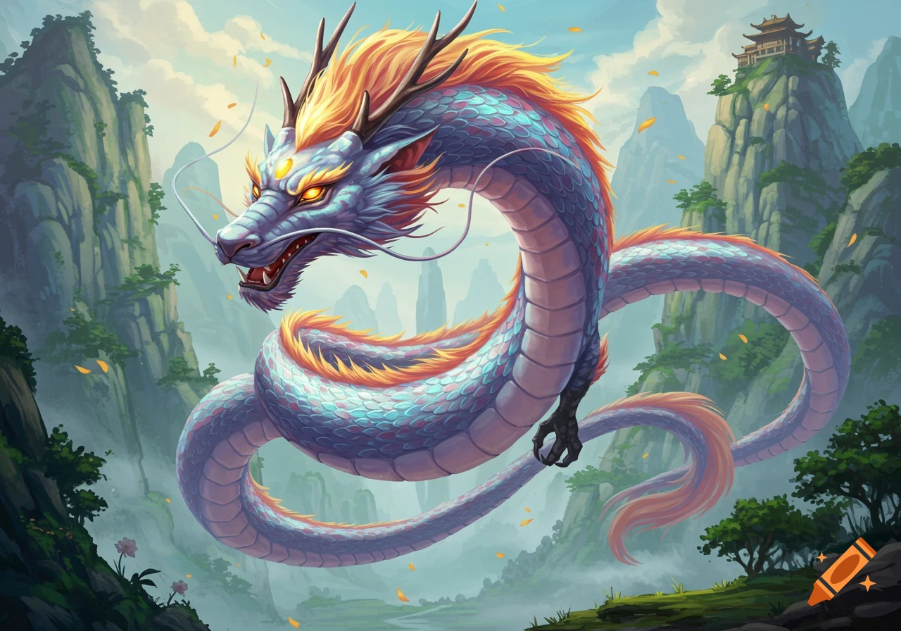 A majestic blue and orange Eastern dragon with golden fur floats among misty mountains with a temple, and falling petals.