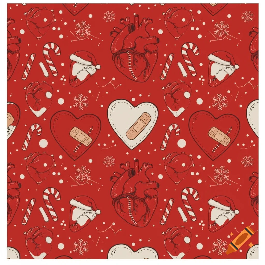Christmas wrapping paper pattern with stylized anatomical hearts, bandages, stitches, candy canes, Santa hats, and snowflakes on a red background.