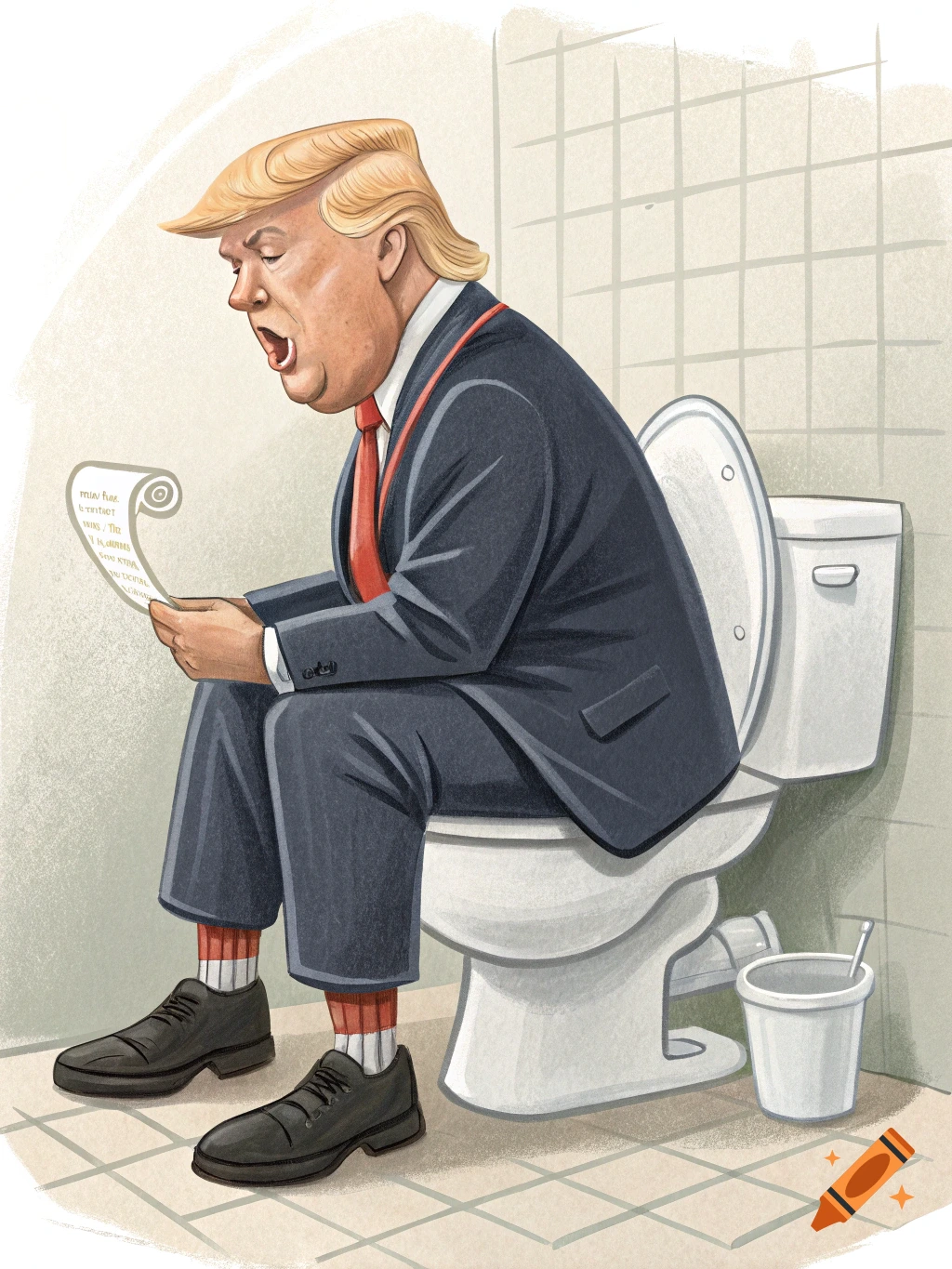 Cartoon caricature of Donald Trump sitting on a toilet, holding a scroll of paper, with his mouth open.