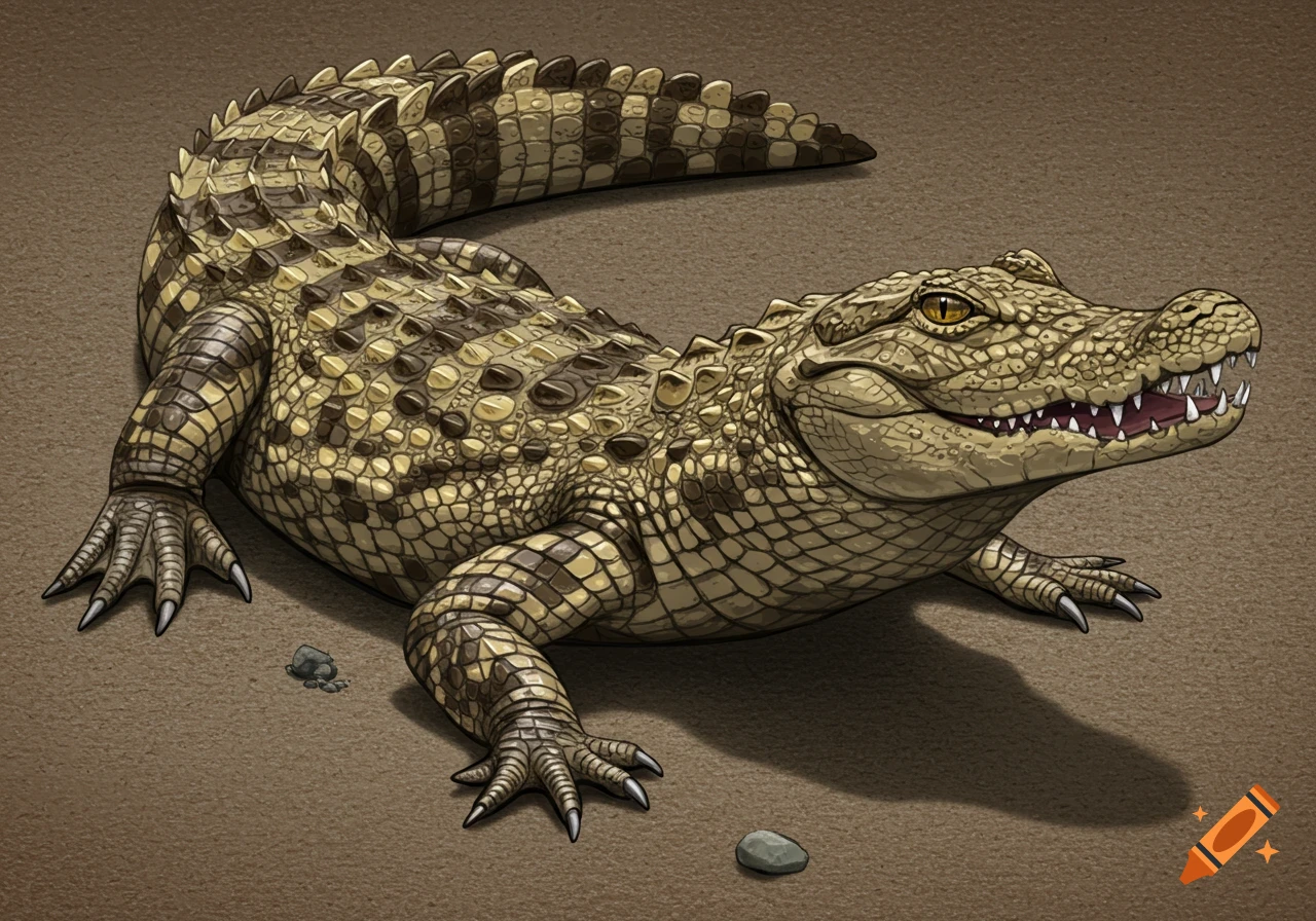 An illustration of a detailed crocodile or alligator with patterned scales resting on sandy ground.