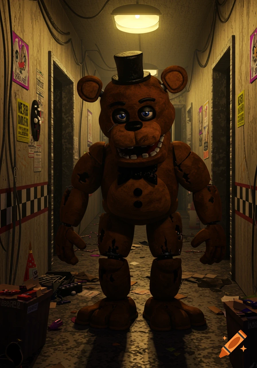 A brown animatronic bear with a top hat and bowtie stands in a dimly lit, narrow hallway with peeling wallpaper and posters.