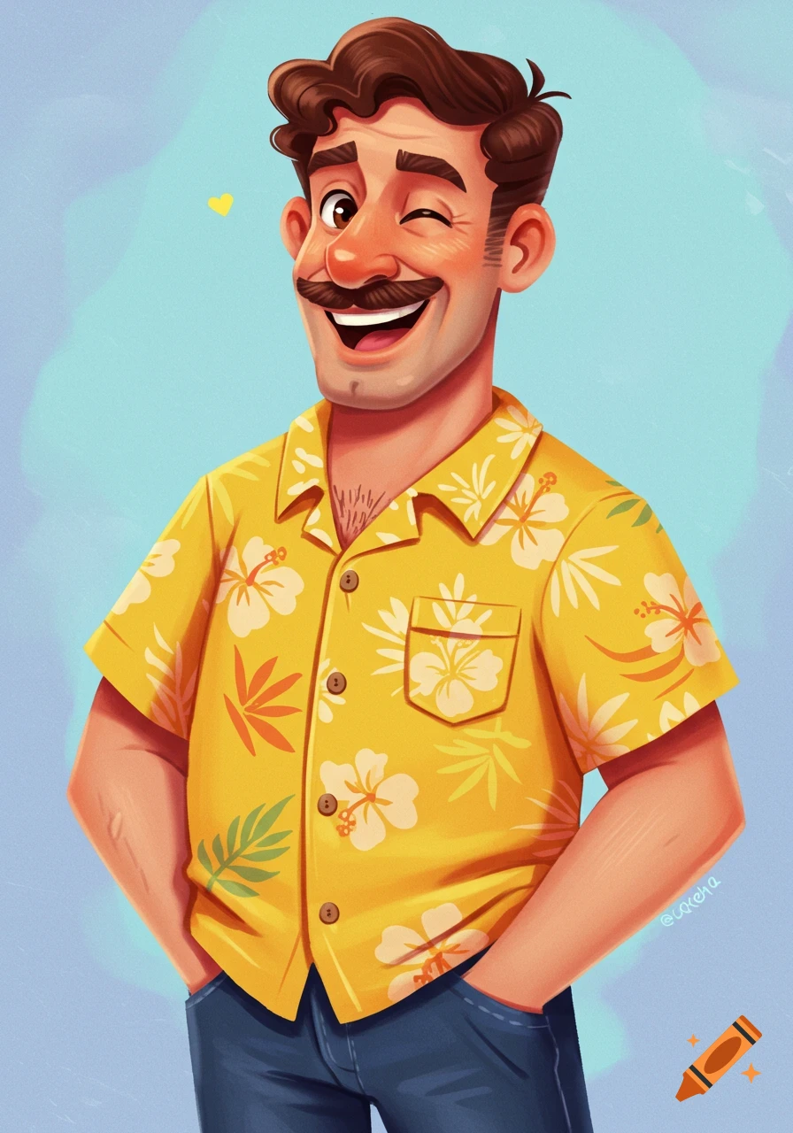 A cartoon illustration of a smiling man with a mustache and curly hair, wearing a yellow Hawaiian shirt, winking.