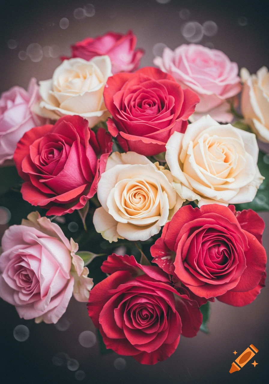 A vibrant bouquet of red, pink, and cream-colored roses in a close-up, photorealistic style.