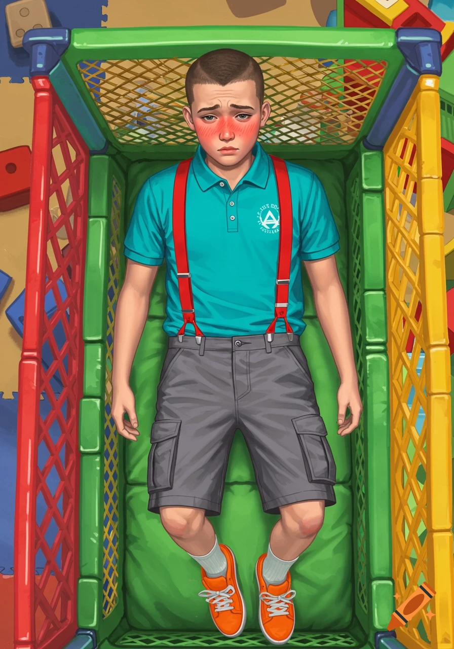 A cartoon male teen with red cheeks lies embarrassed in a green playpen, wearing a cyan polo, red suspenders, gray shorts, and orange shoes.