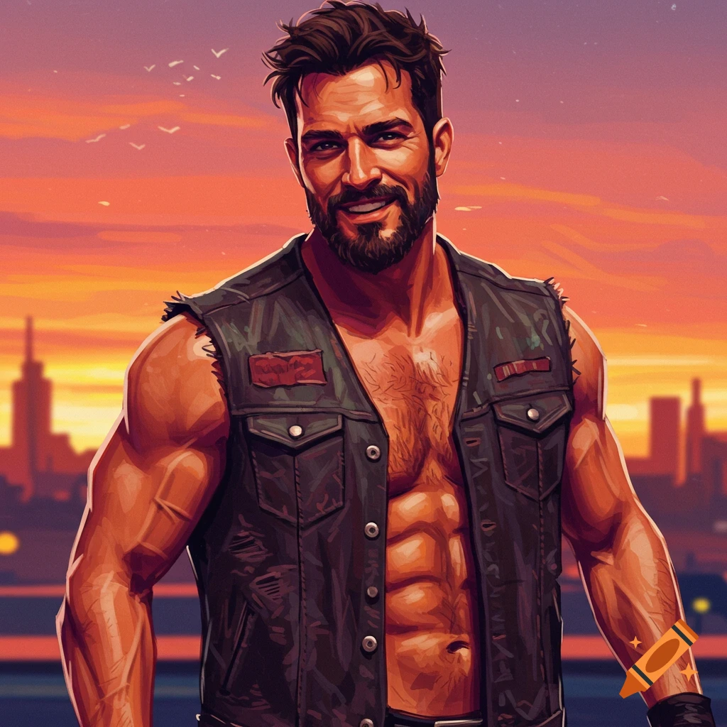 An illustrated man with a beard and mustache smiles while wearing an open leather vest, revealing his muscular chest and abs, against a vibrant sunset cityscape.