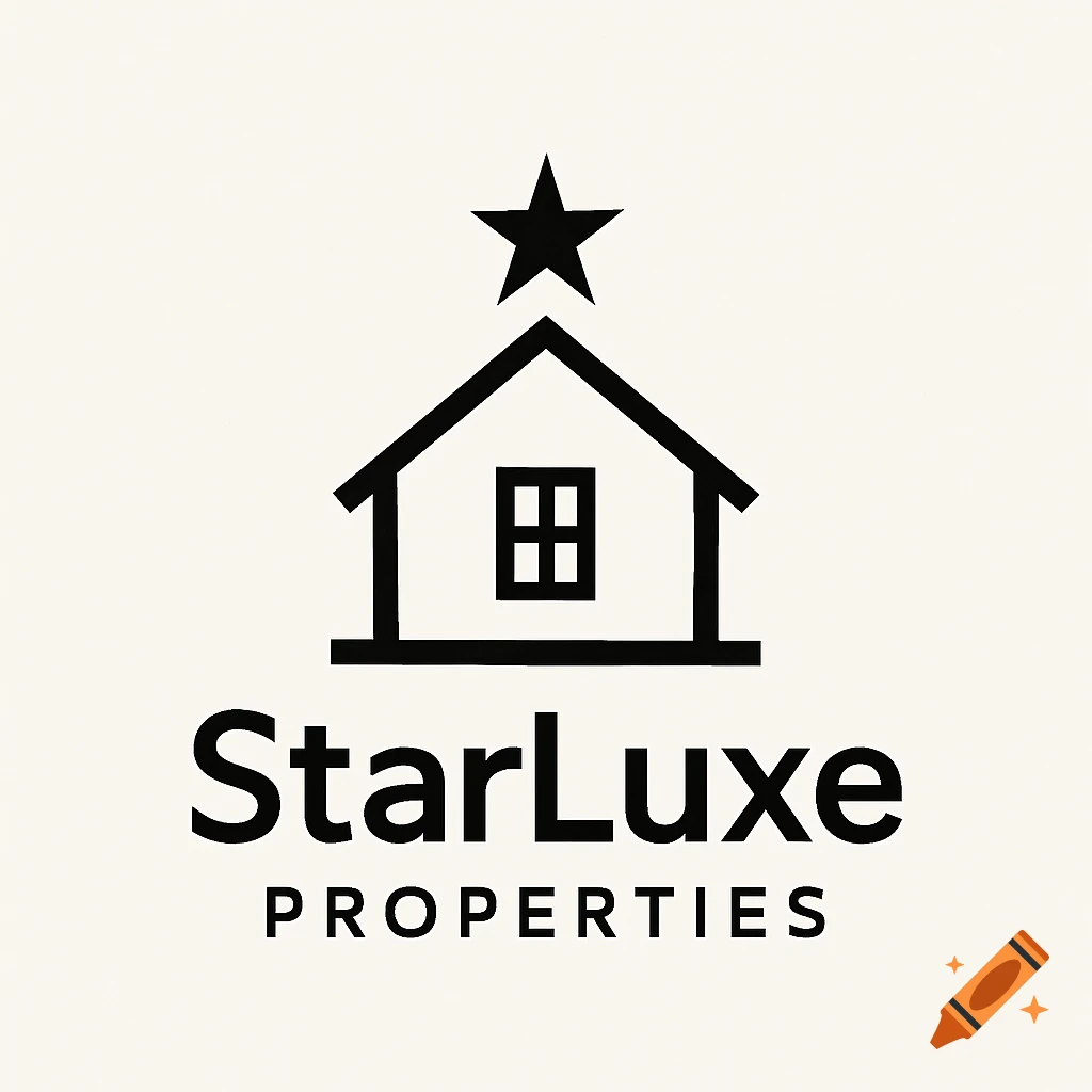 A minimalist logo featuring a black house icon with a star on top, above the text 'StarLuxe PROPERTIES' on a light background.