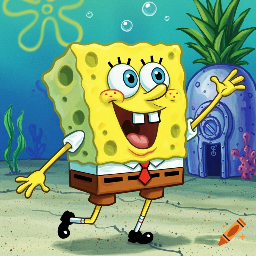 SpongeBob SquarePants waves while running underwater near his pineapple house.
