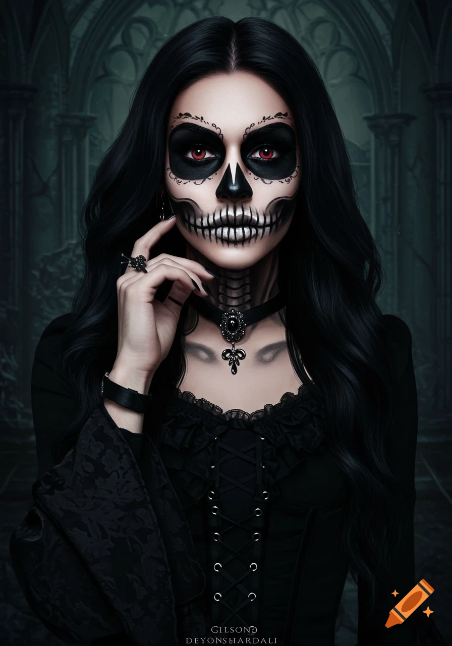 A gothic woman with skull face paint and black attire poses against a dark, ornate background.
