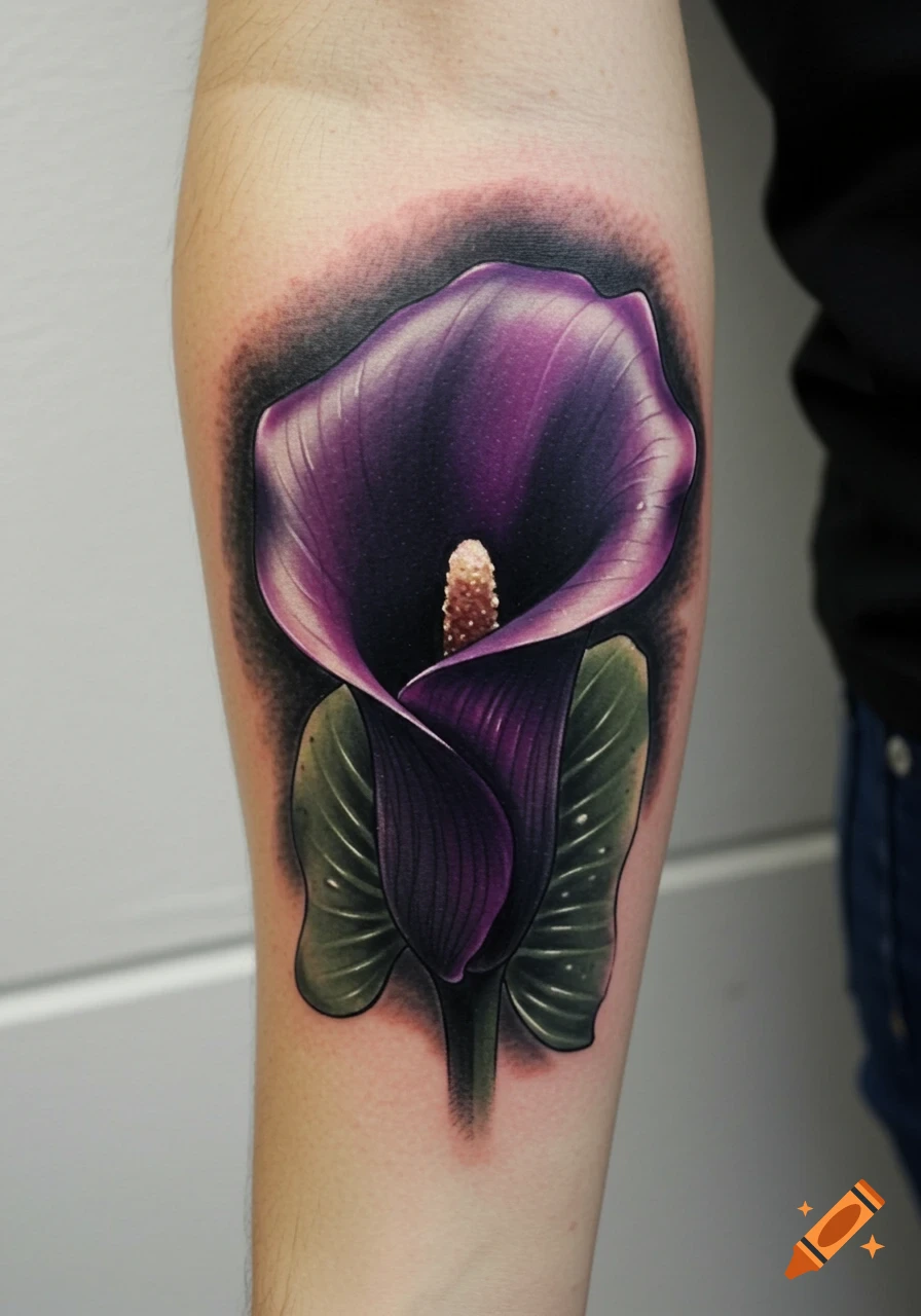 A vibrant, realistic tattoo of a purple calla lily with green leaves on a person's forearm, set against a dark background.