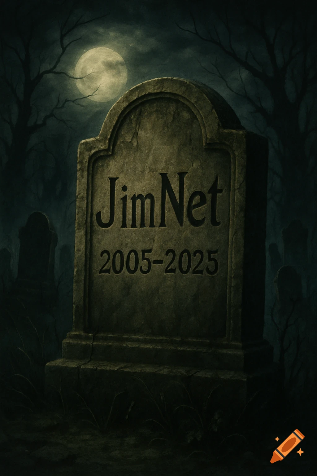 A stone tombstone with "JimNet 2005-2025" carved into it stands in a dark, moonlit cemetery with bare trees.