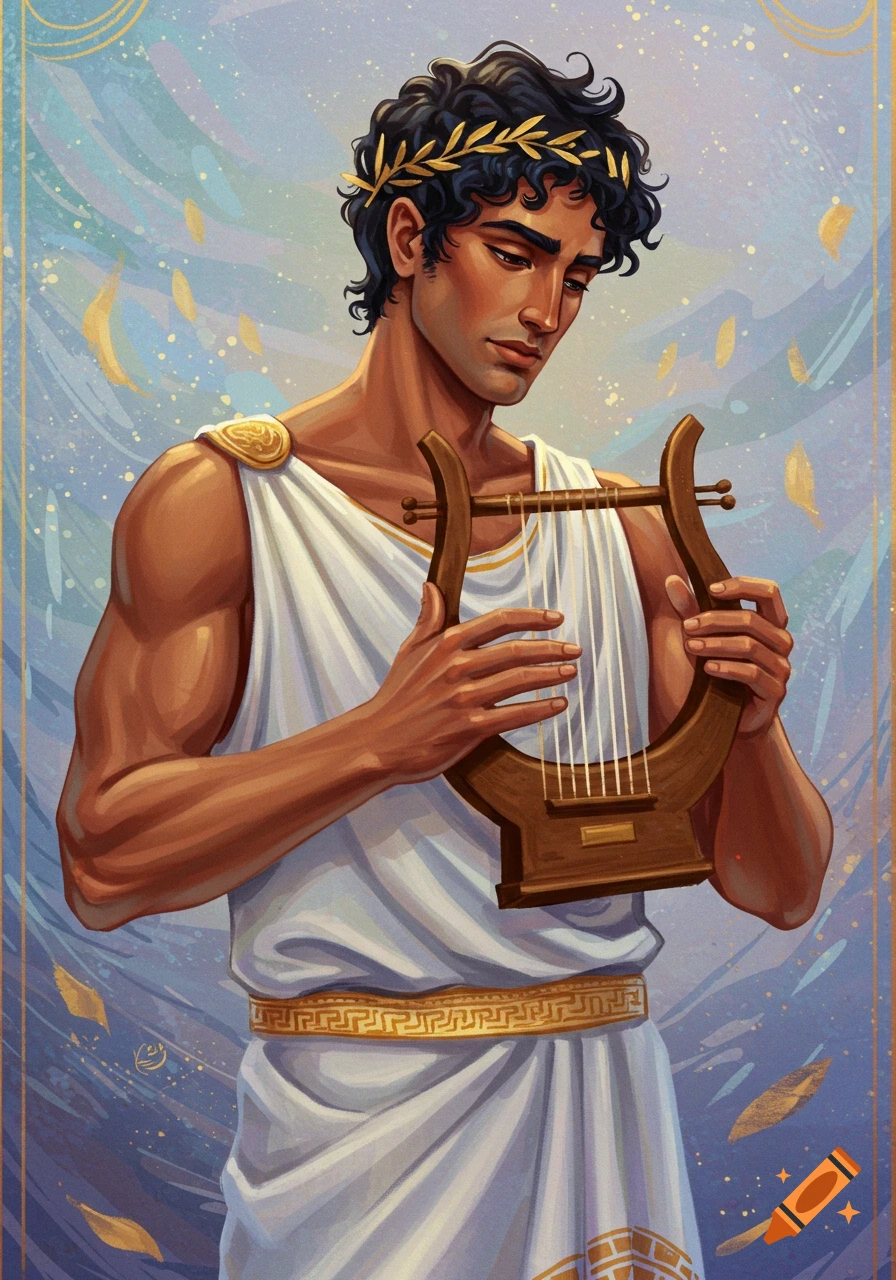 An illustrated man with dark curly hair and a laurel wreath plays a lyre, wearing a white tunic against a blue and gold background.