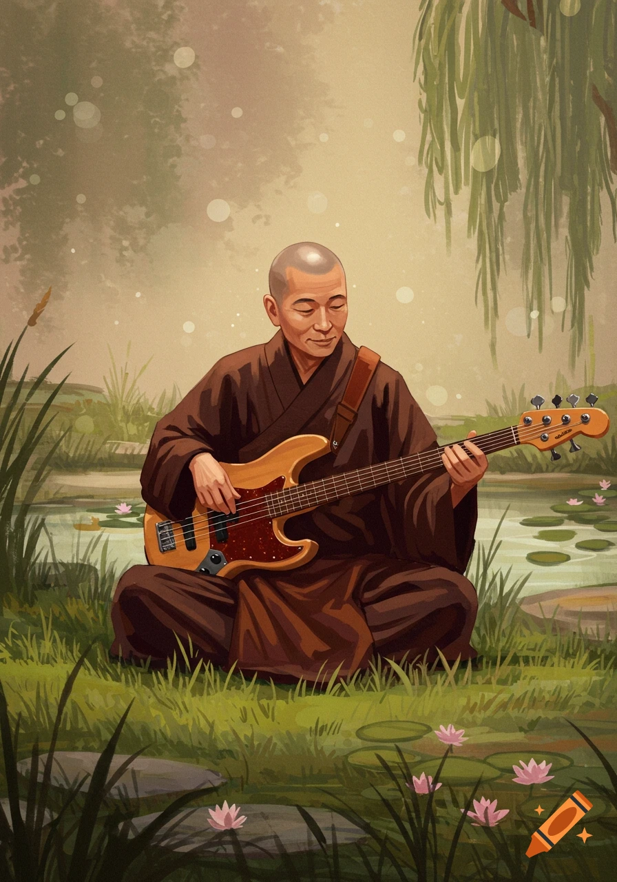 An illustration of a bald monk in brown robes playing a bass guitar while sitting cross-legged in a peaceful pond setting with lily pads and weeping willows.