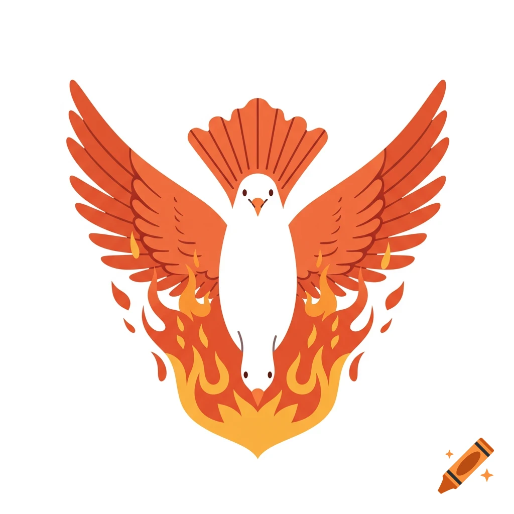 A white dove with orange wings descending into an orange and yellow flame. Flat vector illustration.