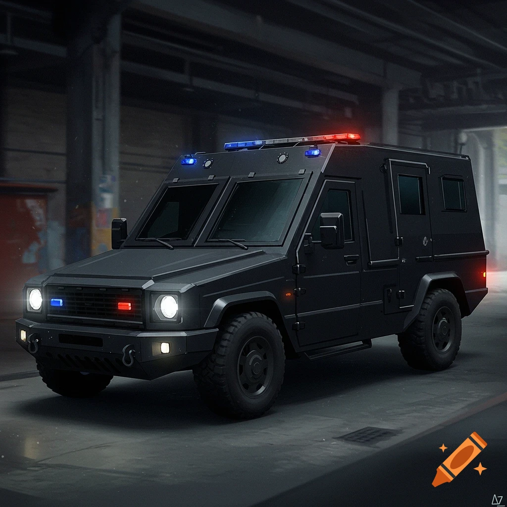 A black armored tactical vehicle with flashing blue and red lights on the roof, parked in a dimly lit industrial setting.