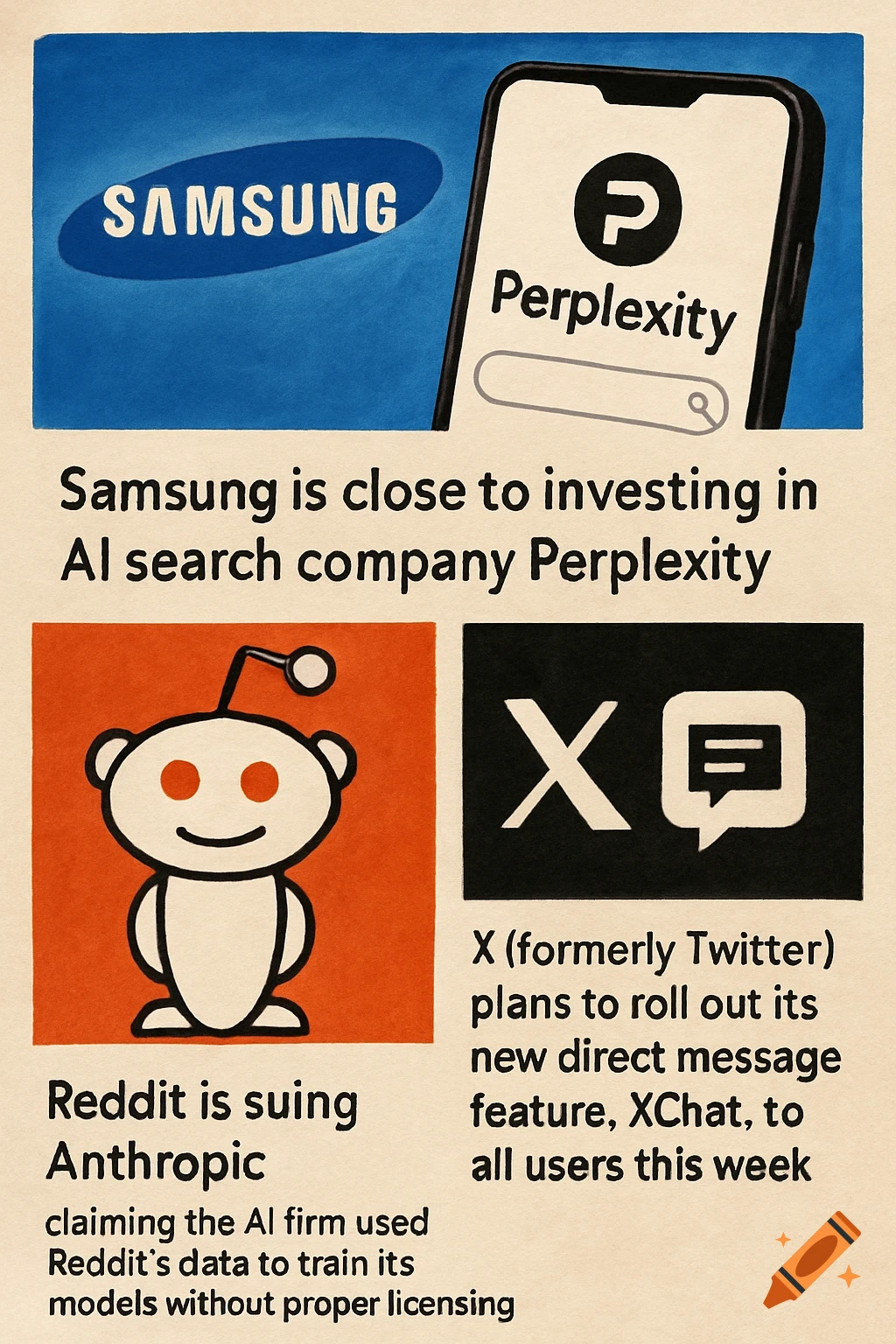 A graphic news summary showing Samsung logo with Perplexity app on a phone, Reddit alien, and X logo. Headlines discuss Samsung investing in Perplexity, Reddit suing Anthropic, and X rolling out XChat.