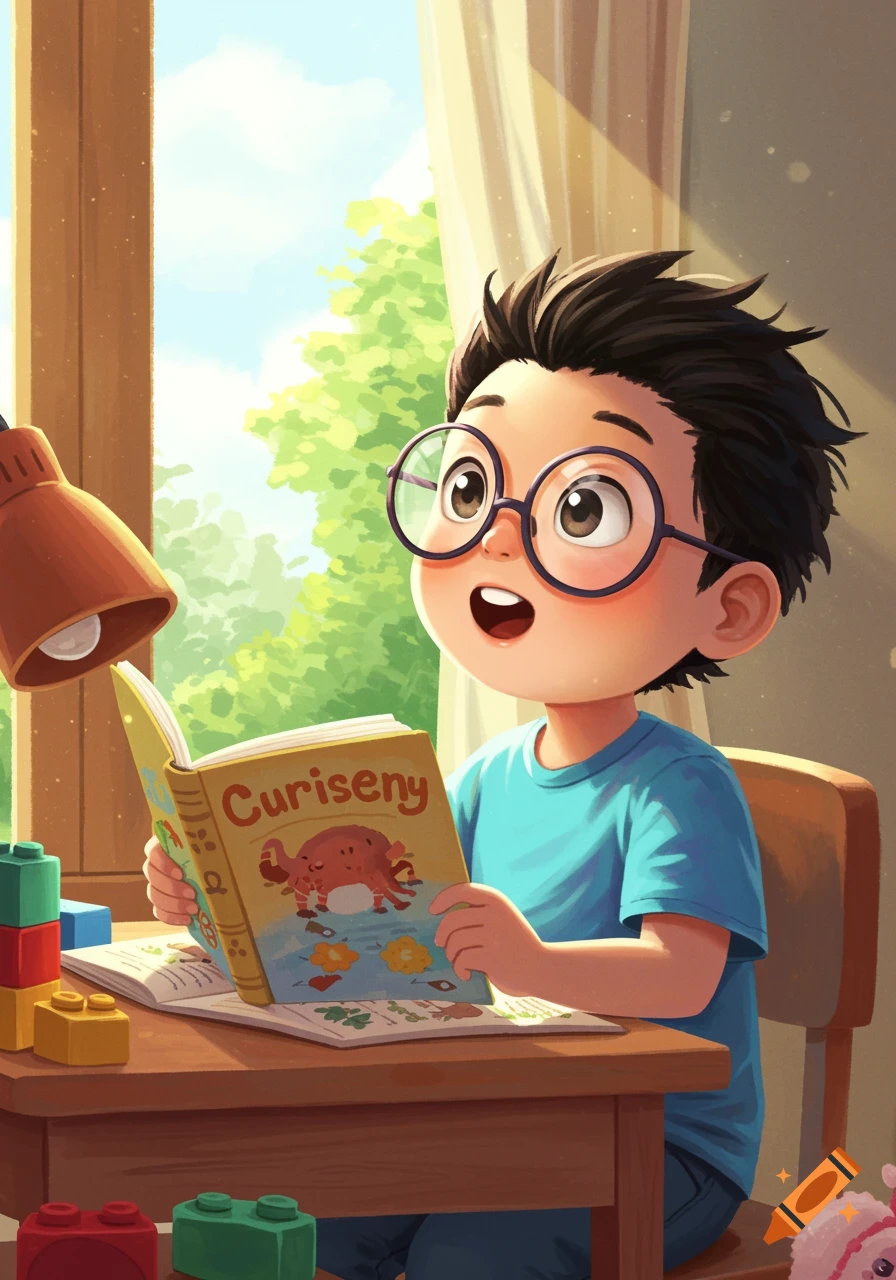 A cute cartoon boy with glasses sits at a desk, looking up from a book titled 'Curiseny'. Sunlight streams through a window behind him.