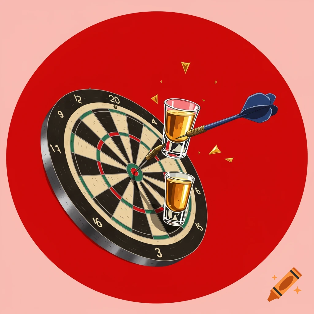 An illustration of a dartboard with two shot glasses impaled by darts, against a red circular background.