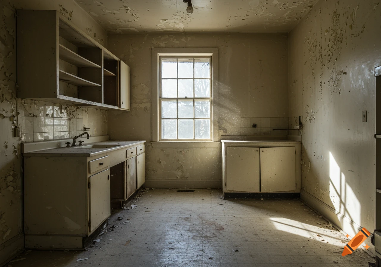 A rundown, empty 1920s kitchen with peeling paint, a sink, cabinets, and a sunlit window, captured in a photorealistic style.