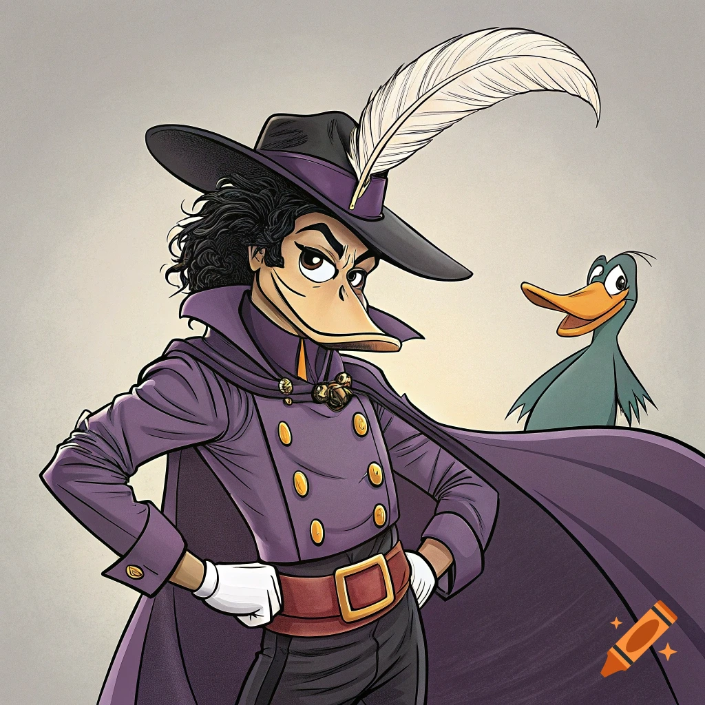 Cartoon mashup of Michael Jackson and Darkwing Duck in a purple coat and hat, with another duck in the background.