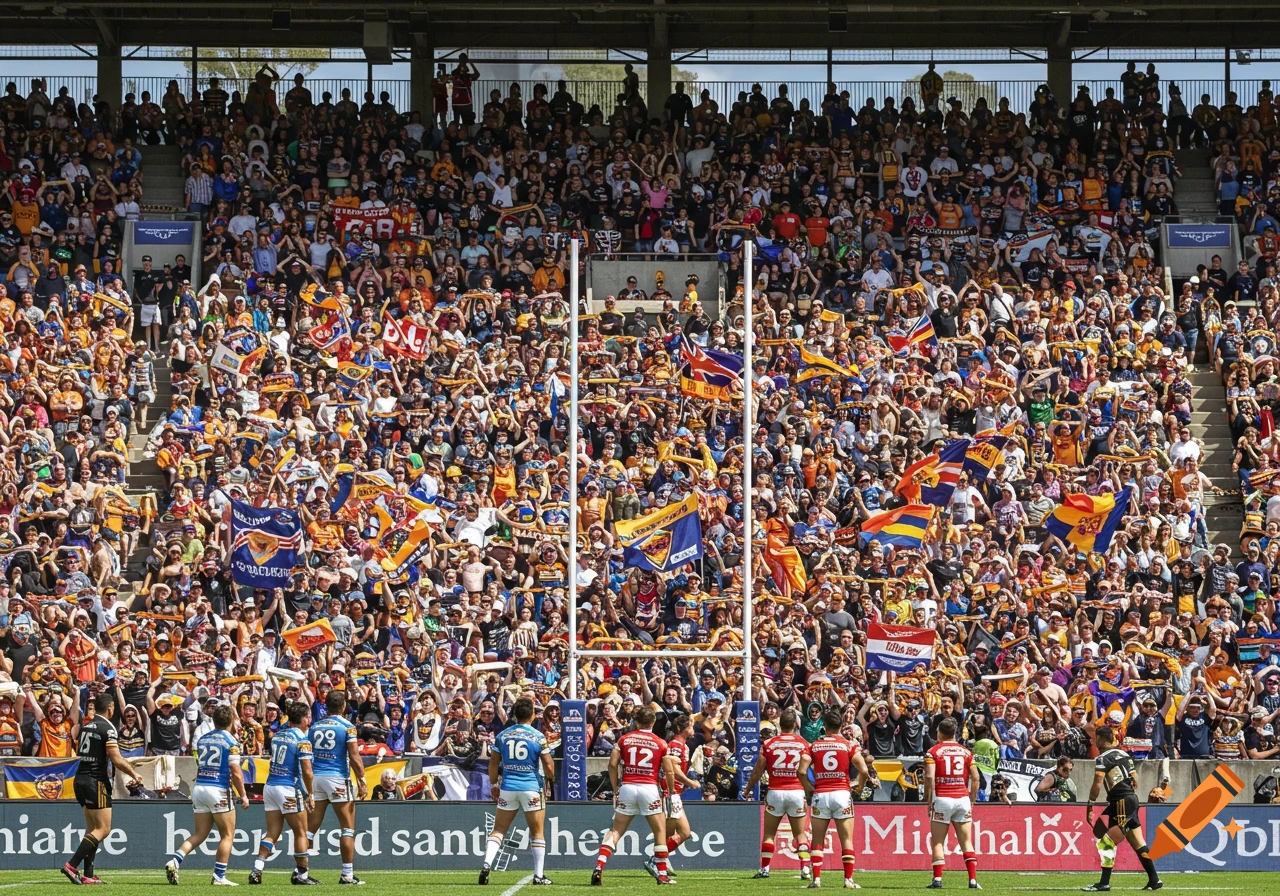 A wide shot of a rugby stadium packed with a large, cheering crowd during a sunny day, with players on the field.