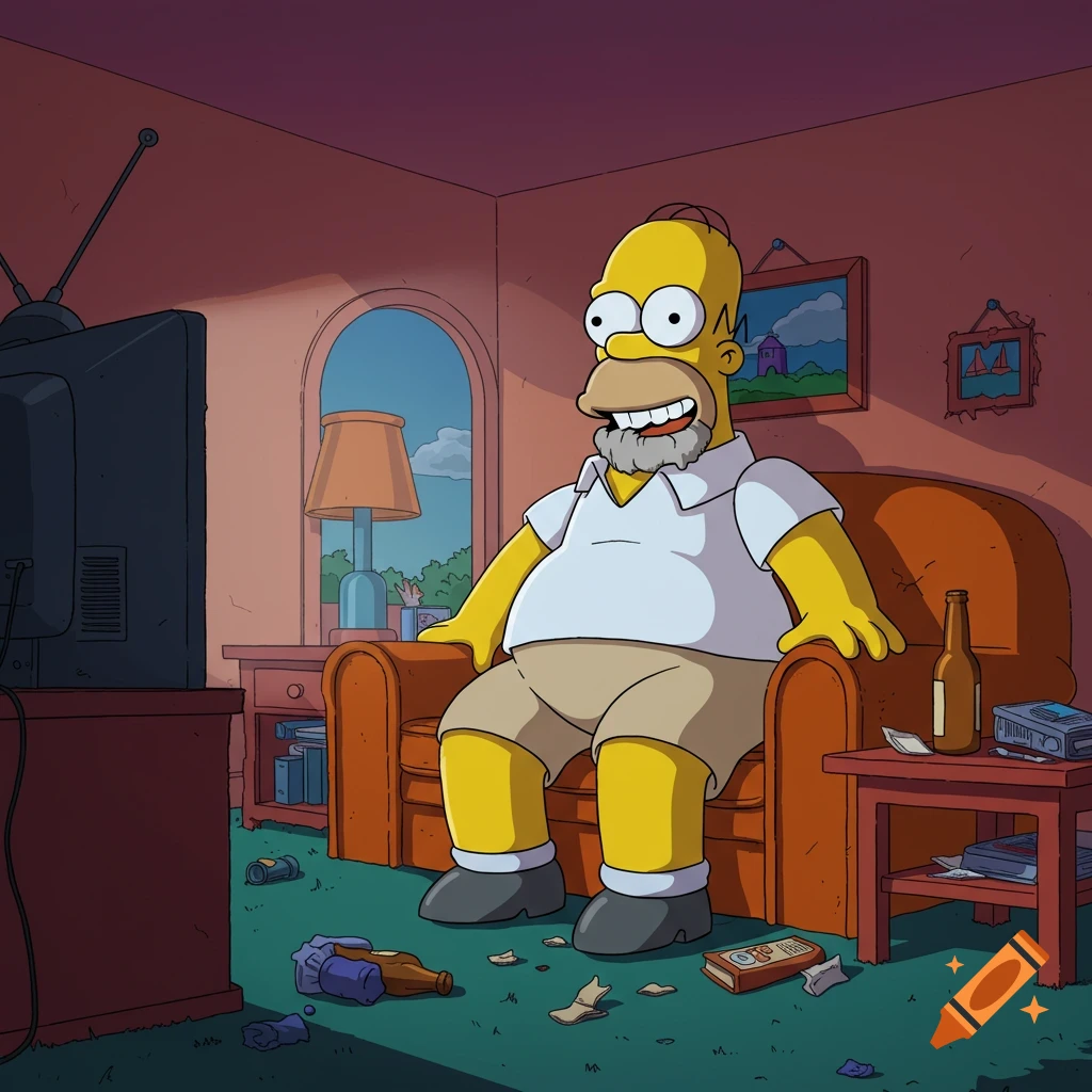 Homer Simpson with a gray beard sits in an armchair watching TV in a messy living room, in a cartoon style.