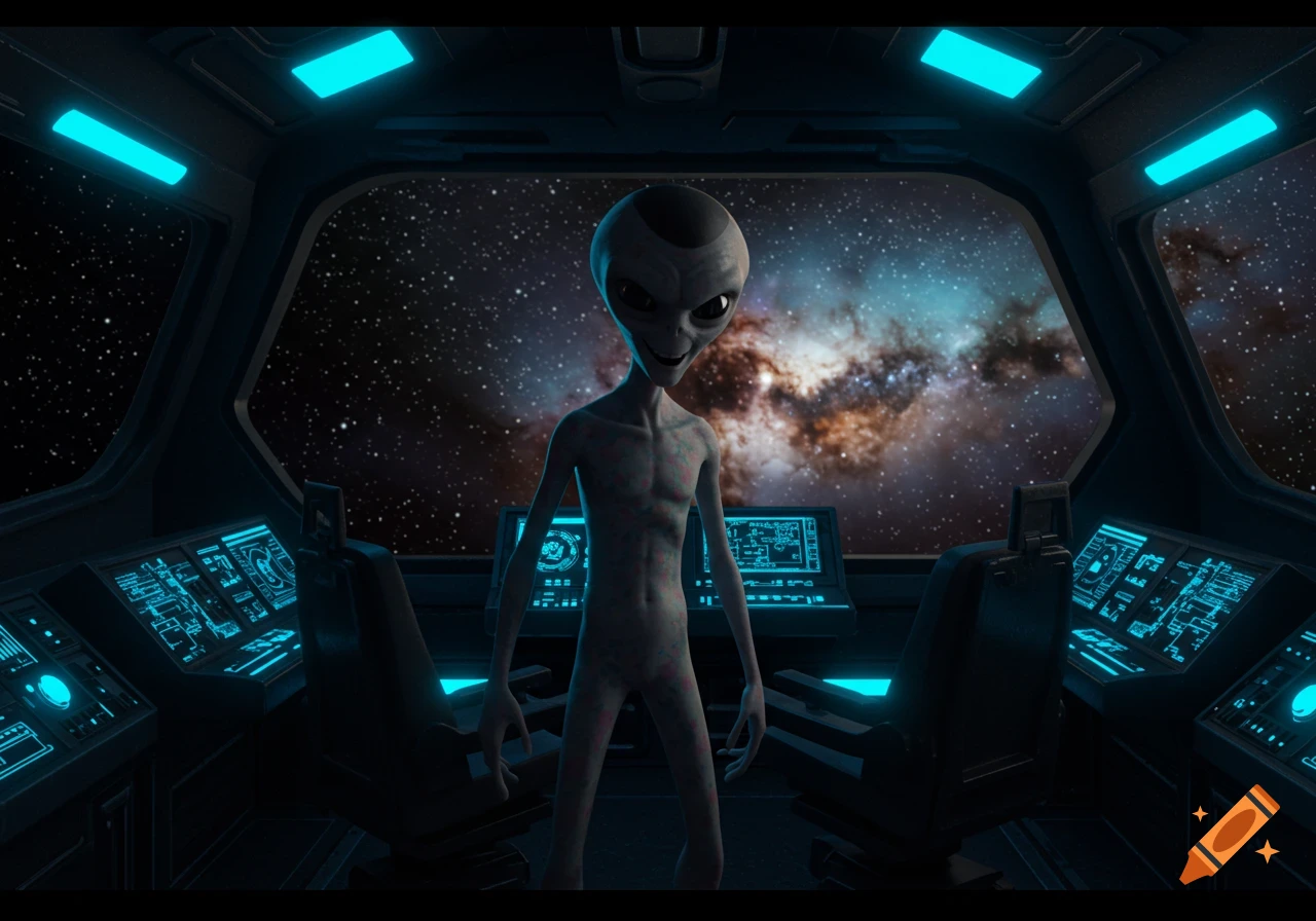 A grey alien with a black head stands in a spaceship cockpit looking out into a starry galaxy.