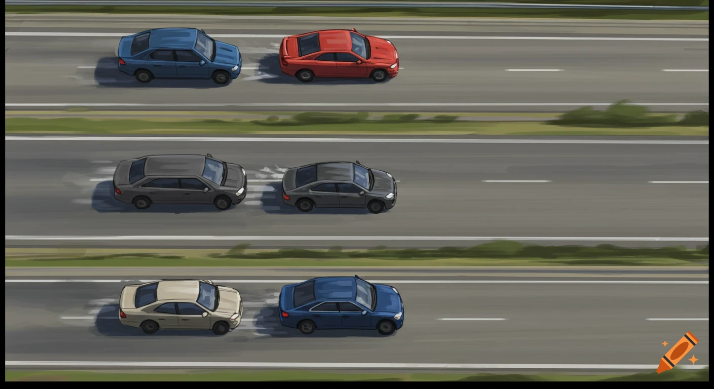 An overhead stylized illustration of several cars, including blue, red, gray, and beige vehicles, on a multi-lane highway.