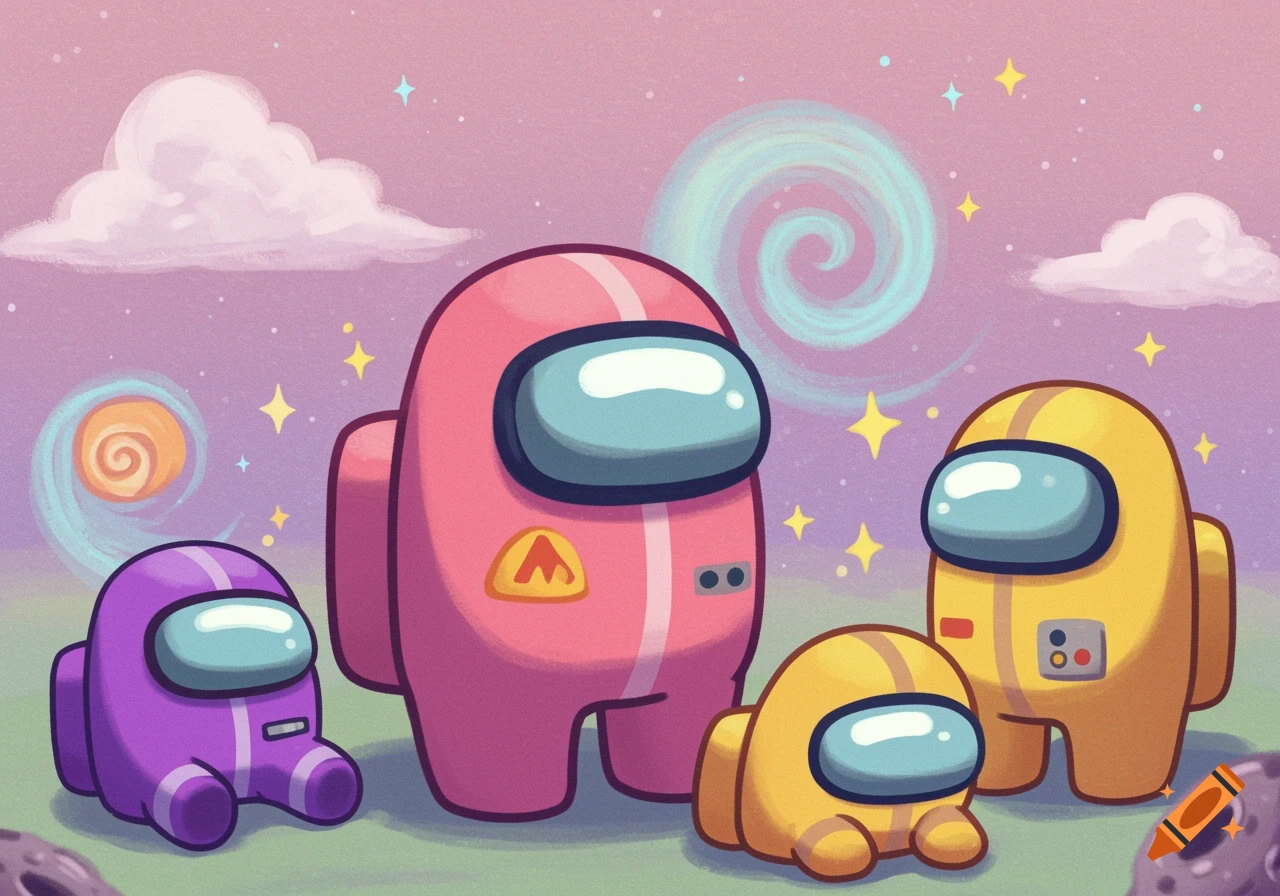 Cartoon illustration of four colorful Among Us characters, including two small 'babies', on a whimsical planet with clouds and stars.