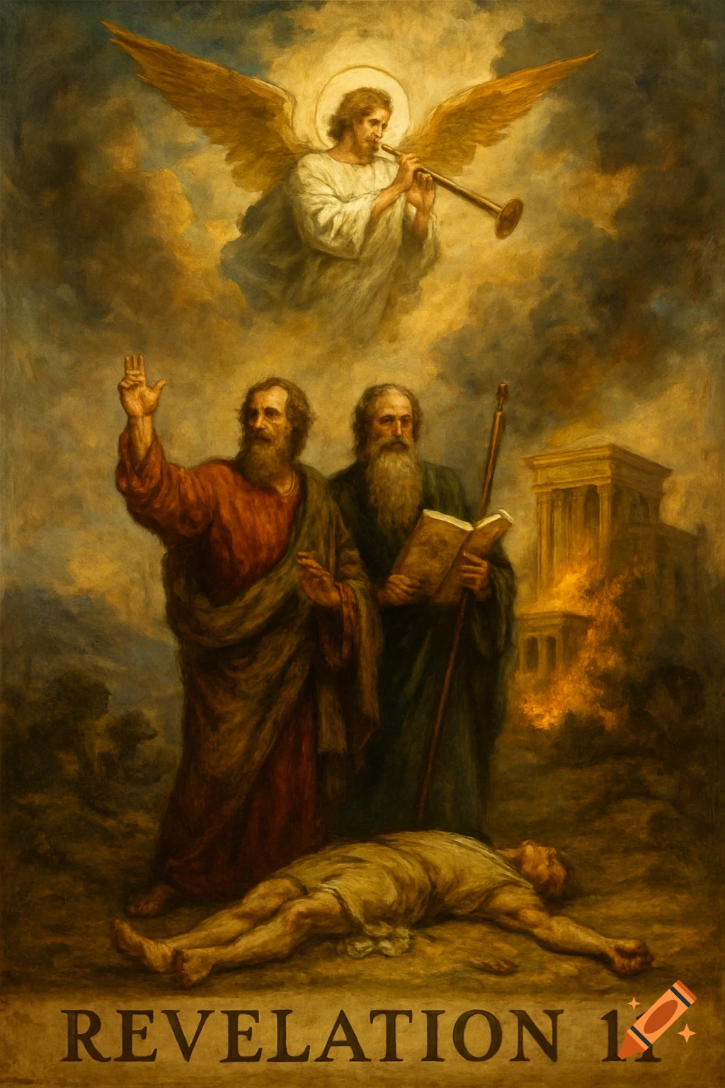 Classical painting of an angel with a trumpet above two men, a dead body, and a burning building, titled 'REVELATION 11'.