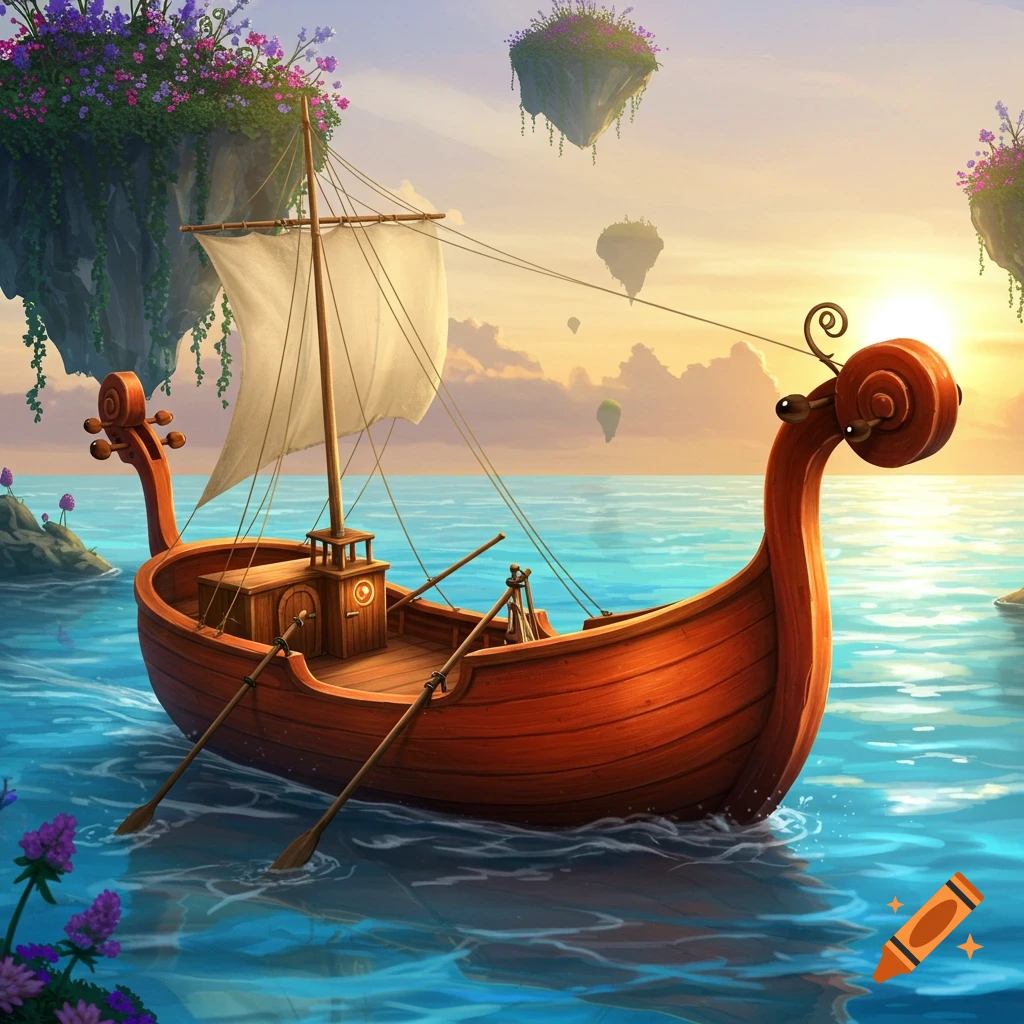 A whimsical violin-shaped boat sails on a calm sea with floating islands and a sunset in a fantasy landscape.