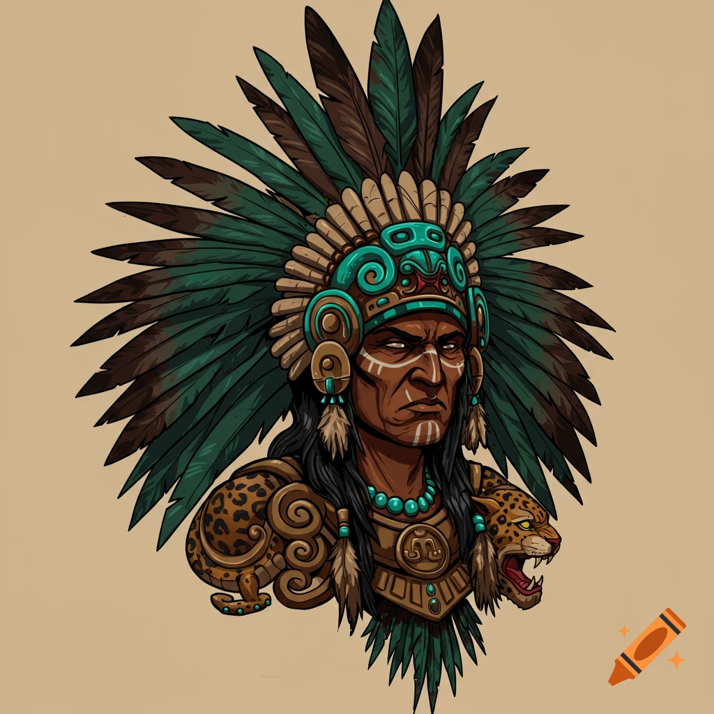 Stylized vector illustration of an Aztec or tribal chief with a large feathered headdress, face paint, and a jaguar on his shoulder.