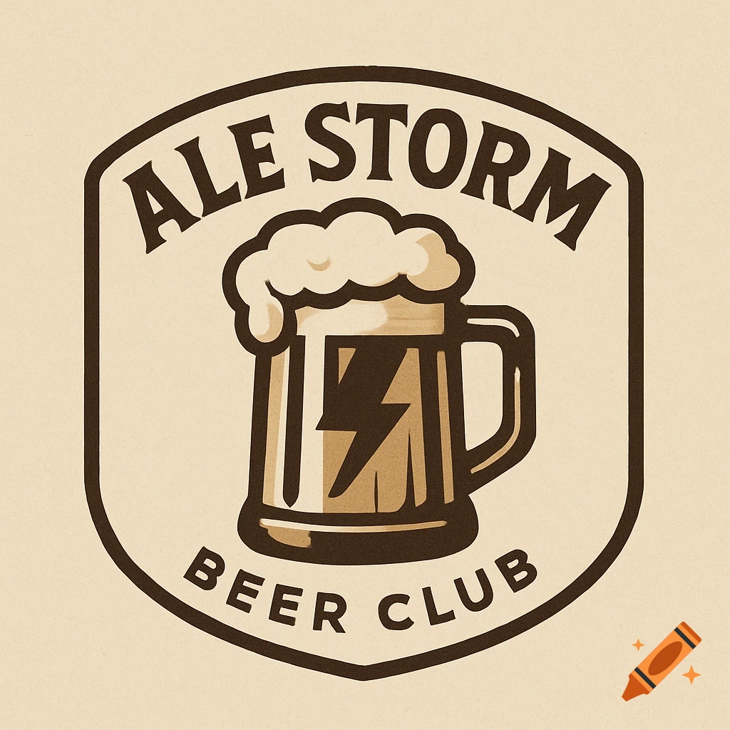 Vintage-style logo for Ale Storm Beer Club featuring a beer mug with a lightning bolt.