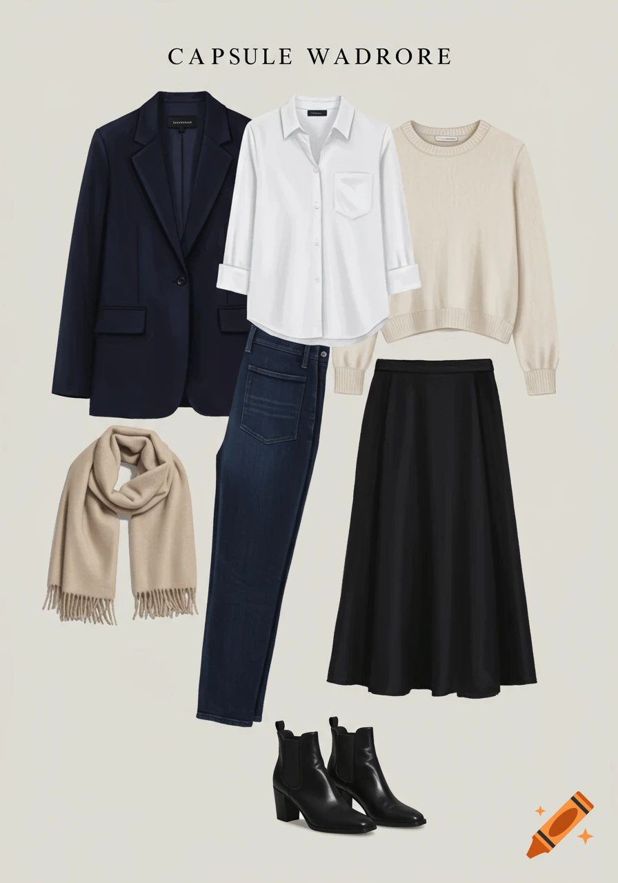 A flat lay of a women's capsule wardrobe including a navy blazer, white button-down shirt, beige sweater, dark jeans, black midi skirt, beige scarf, and black ankle boots.